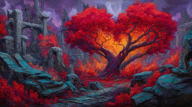 Vibrant red and orange autumn tree foliage against historic stone buildings