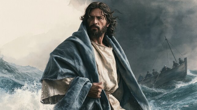 Dramatic portrayal of Jesus walking on water amid a raging storm, cloaked figure standing on the sea while disciples watch from a small boat, a powerful biblical miracle scene