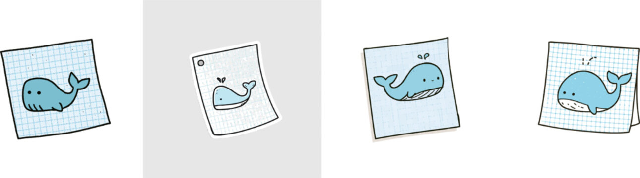 A charming hand-drawn whale illustration sits atop a pastel blue dot-grid paper with cute doodles, set against a pristine white background