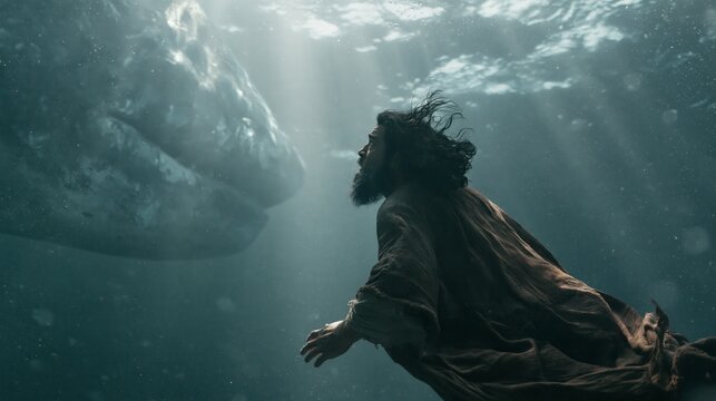 Dramatic underwater depiction of the biblical prophet Jonah facing the enormous great fish, suspended in shafts of light amid turbulent sea, evoking faith, fear and deliverance