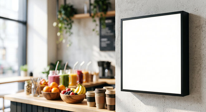 Modern juice bar counter with blank wall poster mockup and fresh smoothies, copy space
