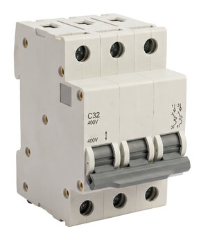 A white C32 400V three-phase miniature circuit breaker (MCB) electrical safety switch featuring a connected triple grey toggle lever and screw terminals, isolated on a transparent background.