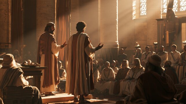 Two biblical figures addressing a seated assembly in an ancient synagogue, delivering a passionate sermon to disciples, elders, and council members bathed in warm sunlight