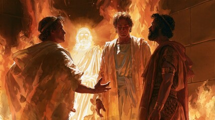 Fototapeta premium Shadrach, Meshach, and Abednego standing unharmed in the blazing fiery furnace with a luminous angelic presence beside them, illustrating divine protection and faith under trial.