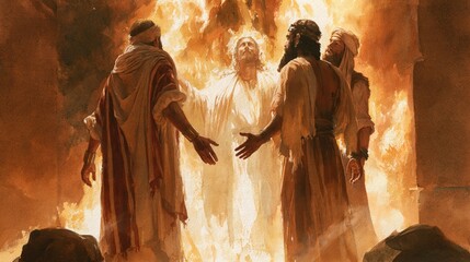 Fototapeta na wymiar Shadrach, Meshach, and Abednego in the fiery furnace with a luminous fourth presence amid the flames - vivid biblical scene emphasizing unshaken faith, deliverance, and divine protection