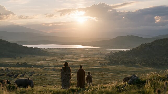 Three biblical figures walking through a pastoral valley toward a golden sunrise over a distant lake, evoking discipleship, shepherds, pilgrimage and scenes from Bible stories.
