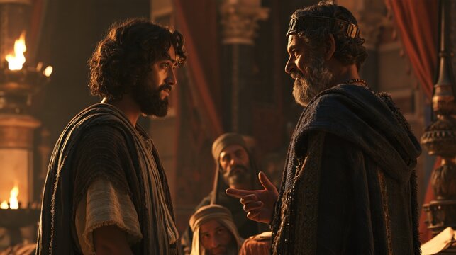 Dramatic biblical scene of two robed men engaged in intense conversation within a torchlit temple chamber, evoking Pharisees, disciples, priests and prophetic council.