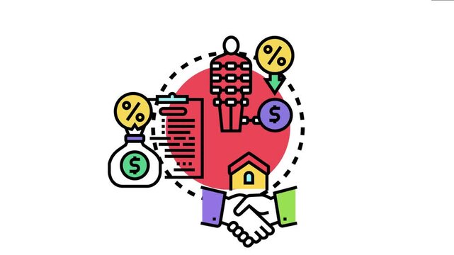Loan obligations include a person chained by debt, interest rates on dollar signs, a contract document, and a handshake sealing a mortgage agreement for a house
