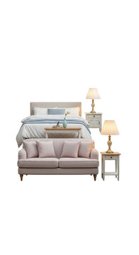 Sofa with pillows and side table.