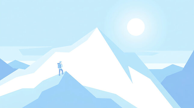 A solo adventurer climbs toward the snowy peak of a high mountain during a bright winter morning while the sun shines over the horizon showing the determination of human spirit during exploration