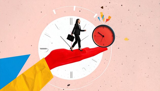 Businesswoman walking on a hand towards a clock representing time management and deadlines