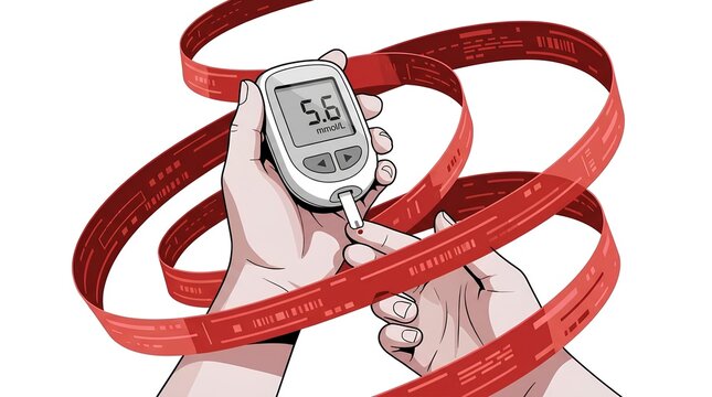 Human hands using digital glucose meter wrapped in red ribbon.