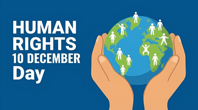 Hands holding globe with people icons for Human Rights Day.
