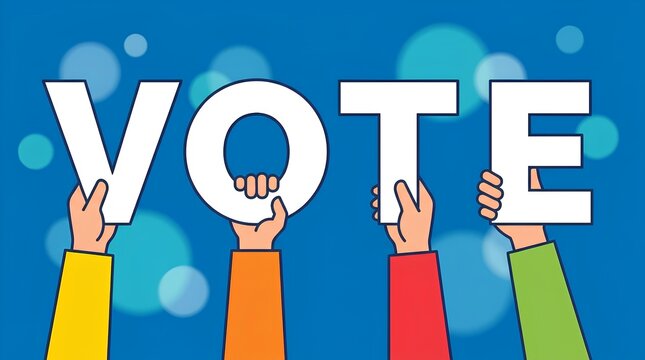 Hands holding large VOTE letters on a blue background.