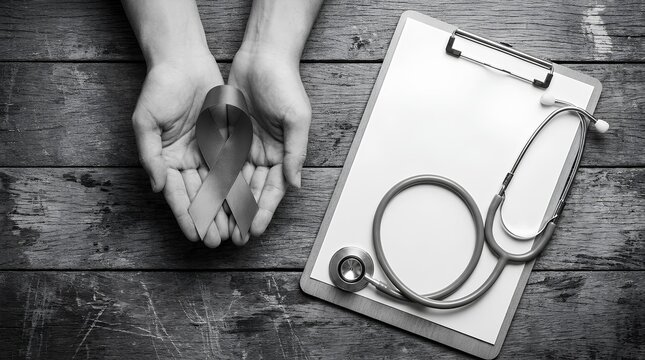 Hands holding ribbon near stethoscope and medical clipboard.