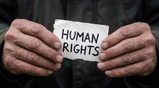 Hands holding sign for human rights.