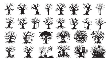 Fototapeta premium Halloween Tree Silhouettes Collection: Spooky Bare Trees With Bats, Owls, Pumpkins, Webs and Graveyard Elements 