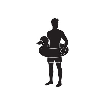 Black silhouette man wearing duck inflatable ring silhouette vector flat illustration design