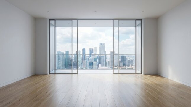 Modern Empty Room with Large Windows Overlooking Cityscape.