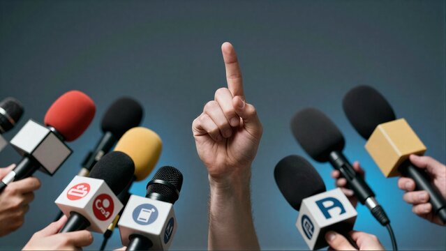 Hand raises finger amid sea of microphones, symbolizing media attention or press scrutiny.