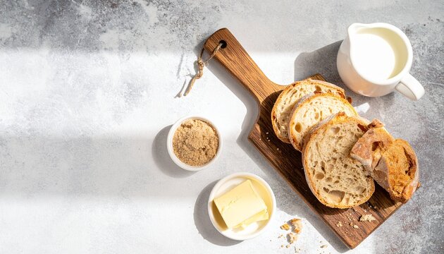 Sourdough bread slices on wooden board with butter, sugar and milk