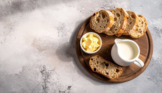 Freshly baked sliced artisan bread with butter and milk on a wooden cutting board for breakfast