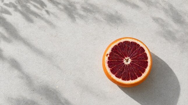 A vibrant blood orange slice and fresh mint sprig on a dark ceramic plate over a rustic stone background.