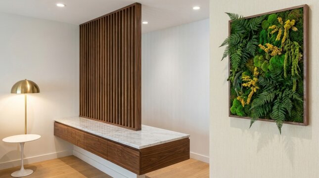 Modern Interior Design with Vertical Garden and Wood Slat Wall.