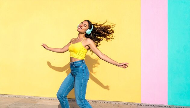 A joyful young woman with curly hair dancing freely while wearing headphones and listening to music against a vibrant, colorful backdrop