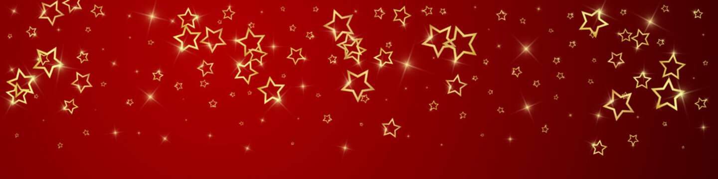 Christmas spirit. Scattered falling stars. Festive christmas confetty overlay template. Festive stars illustration on red background.