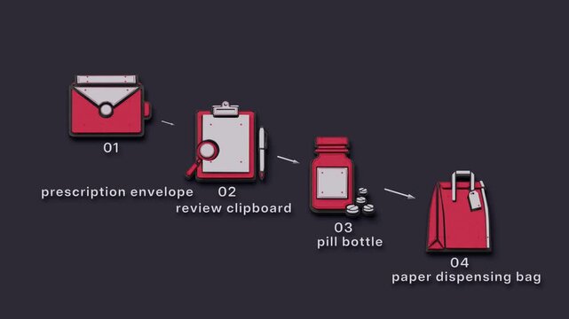 Prescription verification, medicine preparation, bag sealing and counter handoff form a circuit returning to its starting point. Flat 3D style with smooth matte surfaces; objects numbered and labelled