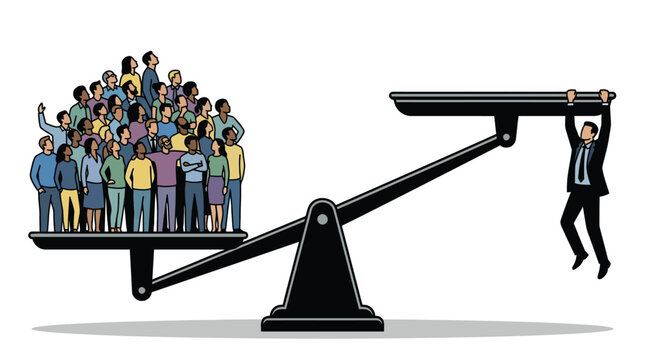 Businessman in suit hanging from balance scale tipping against many people