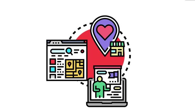 Local business discovery campaign showing a geomarker with a heart, store, search engine results, and people finding information on a laptop, depicting online marketing and promotion