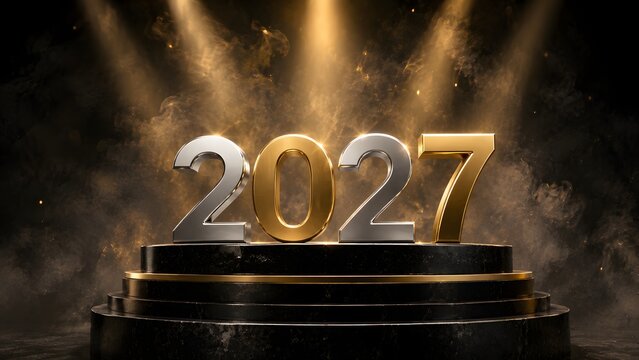 2027 New Year celebration background, golden and silver 3D numbers on a black stage, luxury gala event with spotlights and smoke