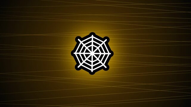 Glowing white spider web icon on a dark yellow background with scratch lines