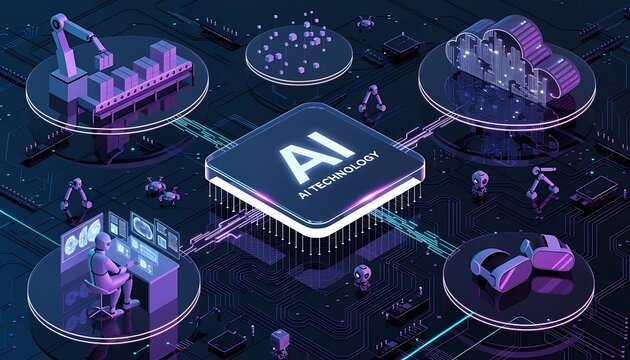 Isometric 3D Artificial Intelligence Technology Concept with Digital Network Connectivity