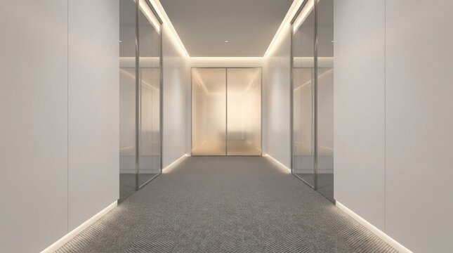 Modern Office Corridor with Glass Walls and Integrated Lighting.