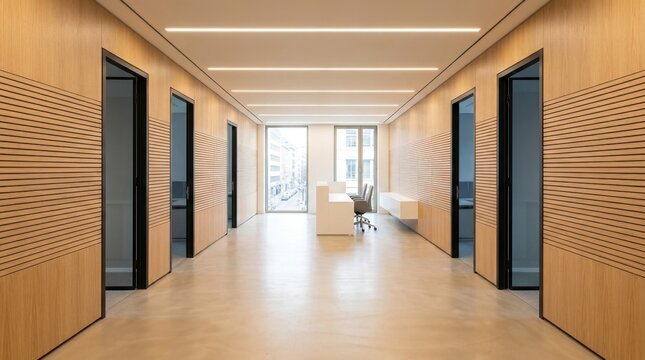 Modern Office Corridor with Natural Light and Minimalist Design.
