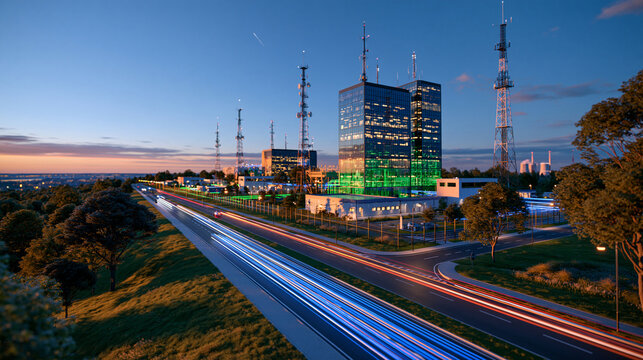 Aerial drone view over a major telecommunications facility with antenna towers, technical buildings, fiber infrastructure and surrounding roads, modern digital infrastructure concept, realistic dayl