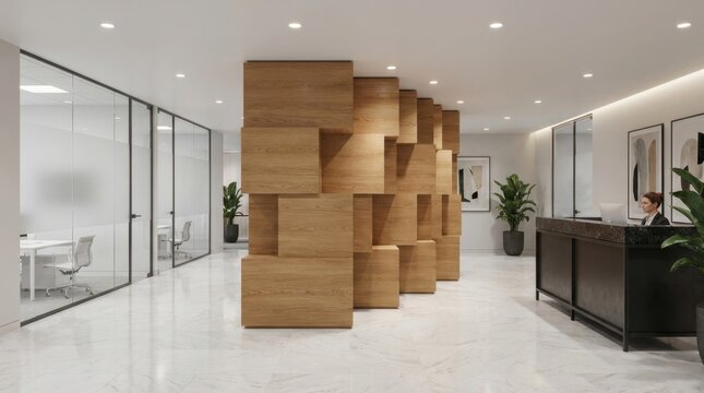 Modern Office Interior with Glass Walls and Wooden Partition.
