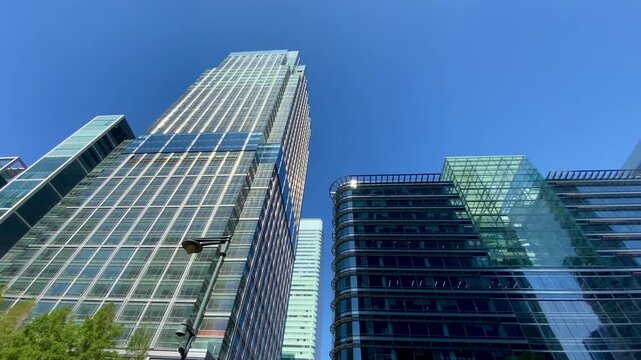 London spin across Canary Wharf skyscrapers Docklands