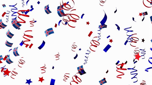 Falling confetti floats down while flags of Iceland are displayed in a lively setting. The colors mix and create a joyful ambiance. This event marks a special occasion