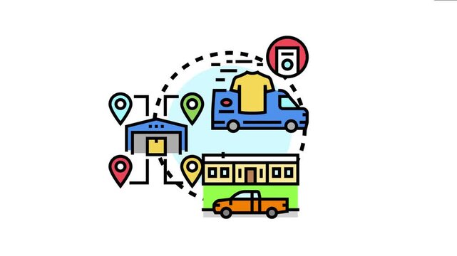 Pickup service delivering package with clothing items to multiple location points, outlining logistics for convenient customer drop off and collection operations