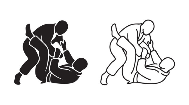 jiu-jitsu grappling pose vector pair icon black silhouette black silhouette with line art vector pair icon