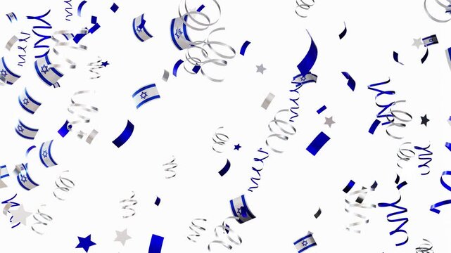 Confetti falls in the air with flags present during a celebration in Israel. The event shows excitement and joy in the atmosphere, capturing a festive moment
