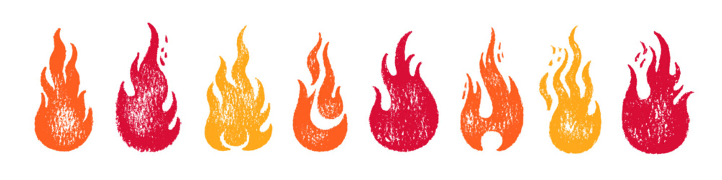 Fire flame grafitti icon. Crayon vector logo. Hot fire, white background. Flame simple illustration. Graphic heat symbol. Abstract silhouette, hell element clipart. Red stroke shape. Scribble punk art