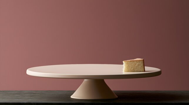 Single small cake piece on empty pedestal cake stand.