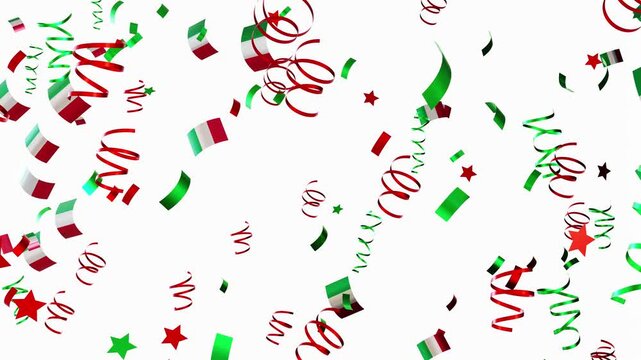 Colorful confetti and ribbons fall down as Italian flags appear in the air. This moment captures the festive atmosphere of a celebration, likely during a national event
