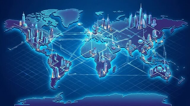 Futuristic global network map with glowing digital cityscapes