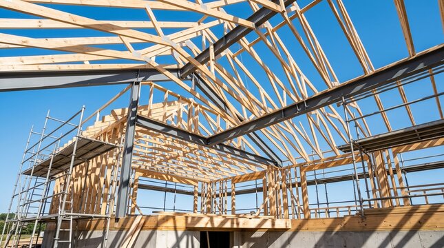 Wooden roof trusses and steel beams under construction on residential building site under bright blue sky